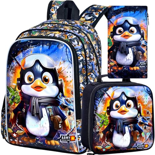 Image of 16 inch Backpack for Boys, 3Pcs Kids Bookbag with Lunch Box, Penguin School Backpacks for Elementary Preschool Kindergarten (Black)