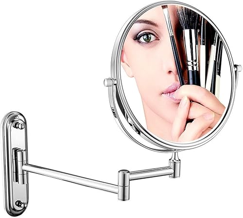 Espejo de maquillaje montado en la pared, espejo de tocador de doble cara, giro de 360 grados, brazo extensible, redondo, sin luz (8 pulgadas, 5X)