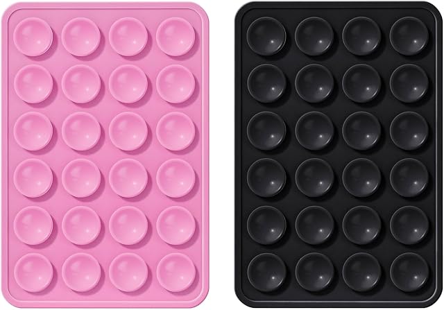 2pcs Silicone Suction Cup Support de téléphone, Double Sided Support d'aspiration de téléphone Dos du téléphone Sticky Grip Boîtier de téléphone à aspiration polyvalente pour les selfies de voiture miroir de douche (noir, rose) (style 1)