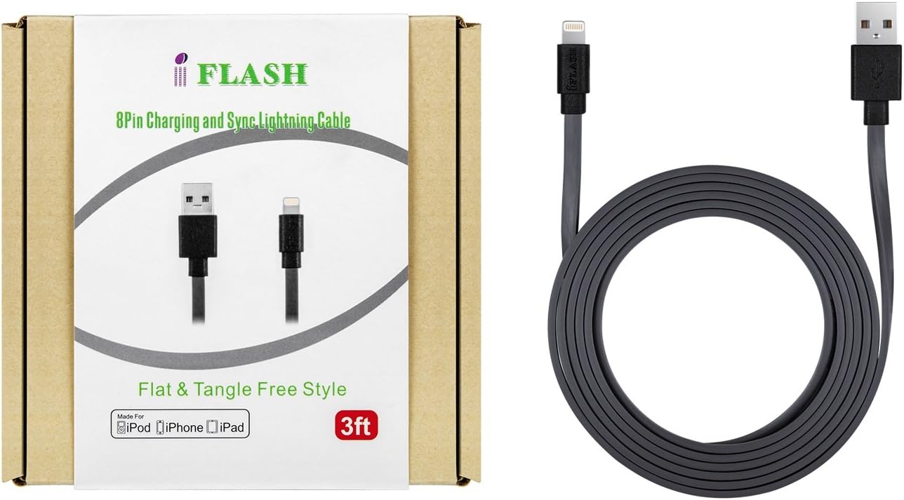 IFLASH [Apple MFi Certified] (3 Feet) Flat & Tangle Free Lightning to USB Sync and Charge Cable for iPhone Xs MAX, XS, X, 8 Plus, 7 Plus, iPad Pro Air Mini - [Flat & Tangle Free Style, Gray Color]