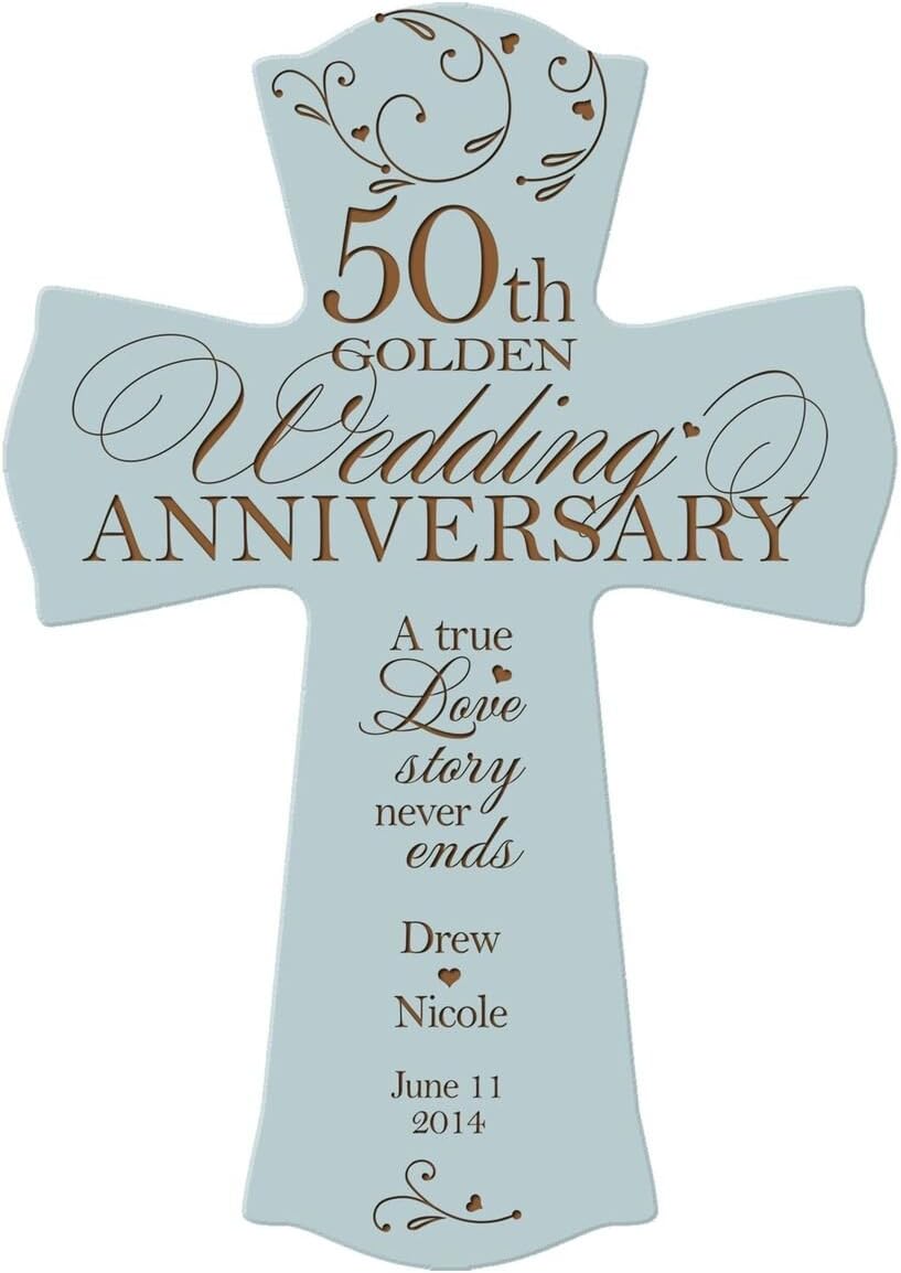 LifeSong Milestones Personalized 50th Wedding Anniversary Wood Wall Cross Gift for Couple 50 Year Gifts for Her Him A True Love Story (8.5" x 11") (White)