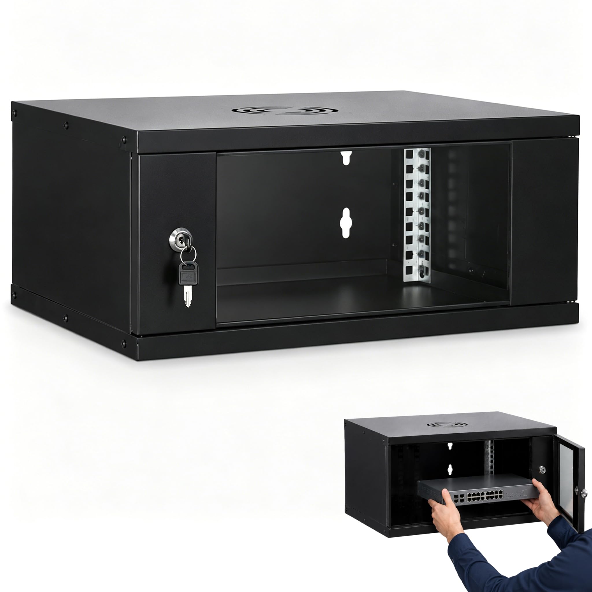 Armadio di rete da 19 pollici, 6U, profondità 400 mm, armadio server con porta in vetro di sicurezza e serratura, pareti laterali rimovibili, fessure di ventilazione, portata massima 50 kg, per