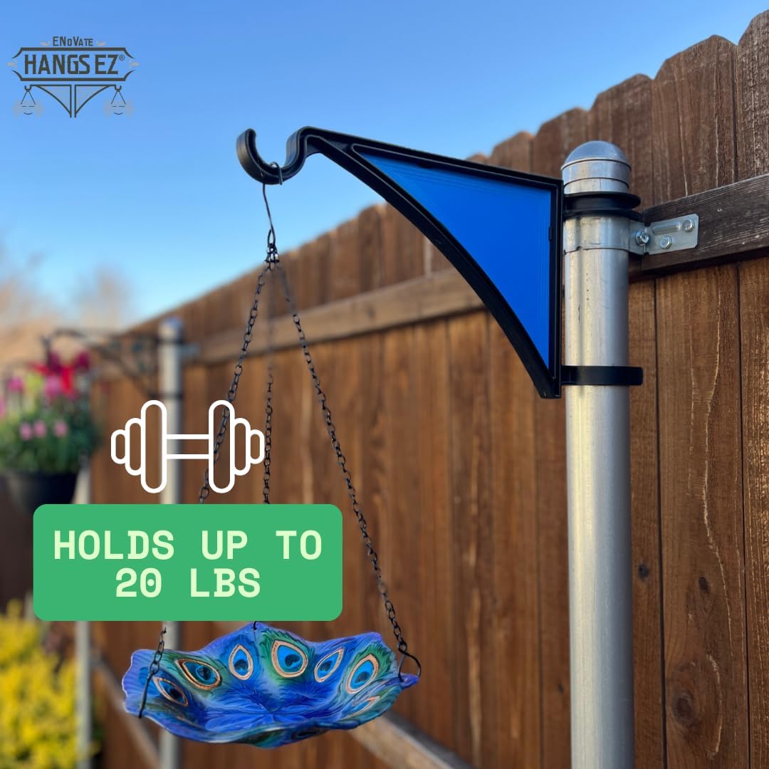 2 PCS Fence Post Hangers with Blue Solid Panel Inserts(Plant Hanger, Garden Hook) Fits 2 3/8" Diameter Posts