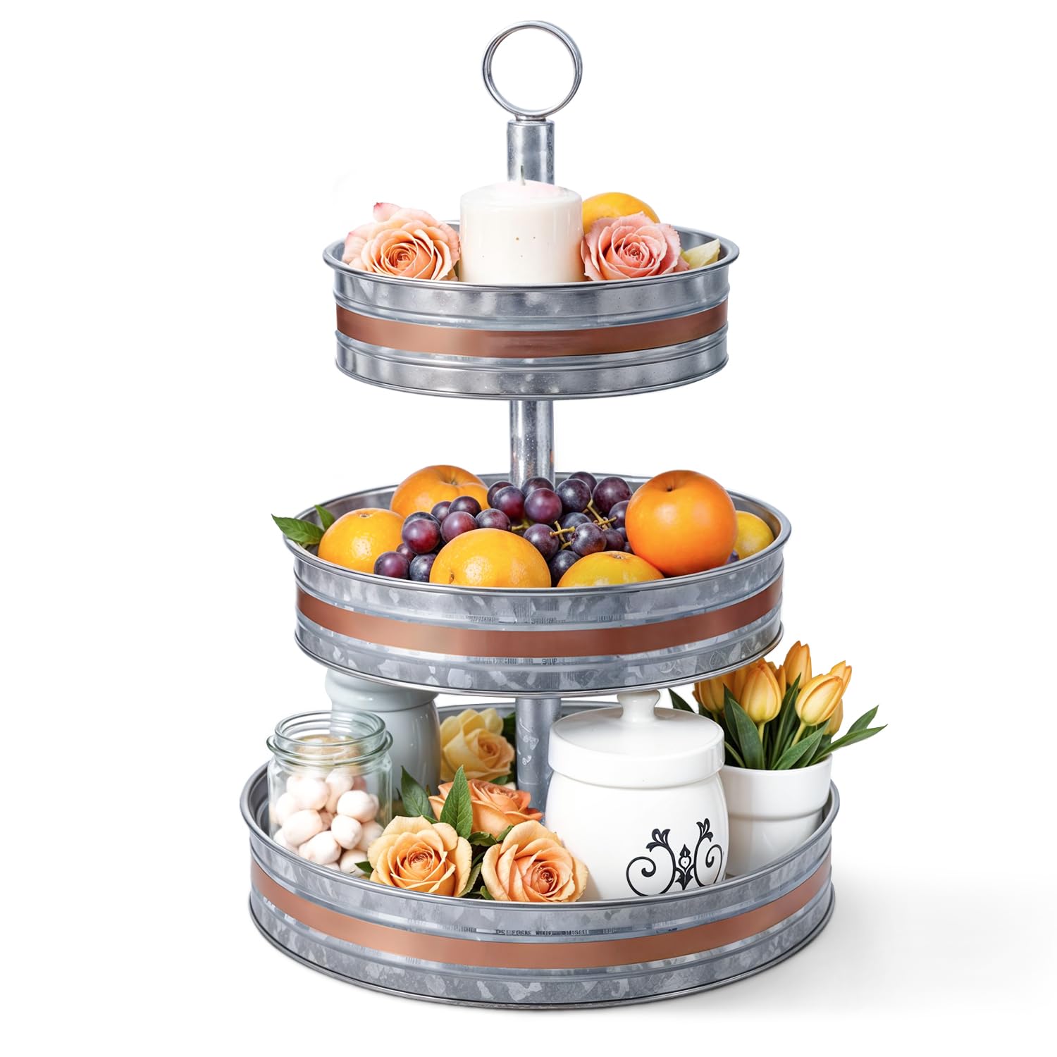 Plexon Soporte de bandeja de 3 niveles, bandeja de metal escalonado para servir, torre redonda de mariscos, centro de mesa de tres niveles, bandejas de acero galvanizado, plateado con ribete de cobre,