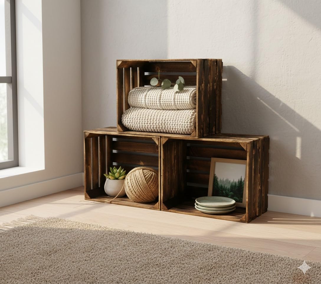 Lot de 3 caisses à vin en bois flammé - 50 x 40 x 30 cm : Cagettes à fruits vintage vintage - Pour la fabrication de meubles - 50 x 40 x 30 cm