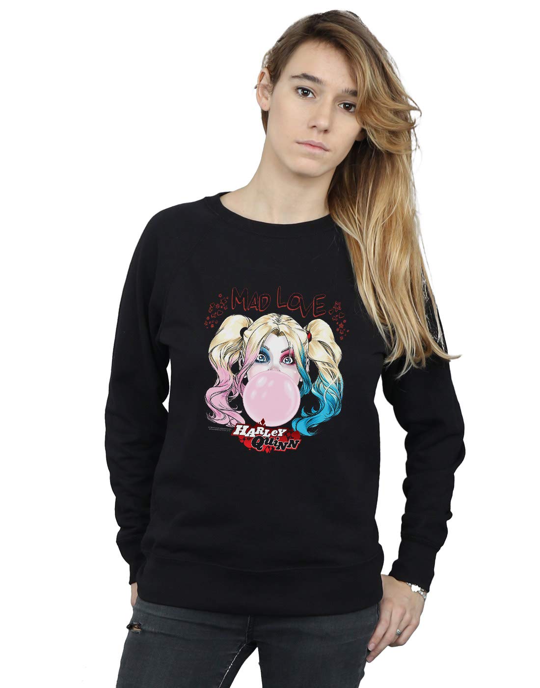 Absolute Cult Women's Black Dc Comics Harley Quinn Mad Love Sweatshirt Medium