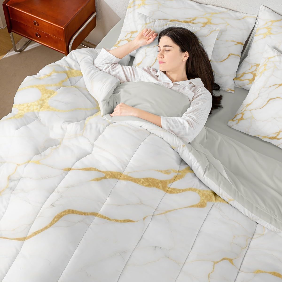 Erosebridal Grey Marble Comforter Set with Sheets Abstract Marbling Fluid King 7 Pcs Bedding Set for Adults Men Women,Metallic Texture Bronzing Sequins Bed in A Bag Gray Golden Marble Art Bed Set