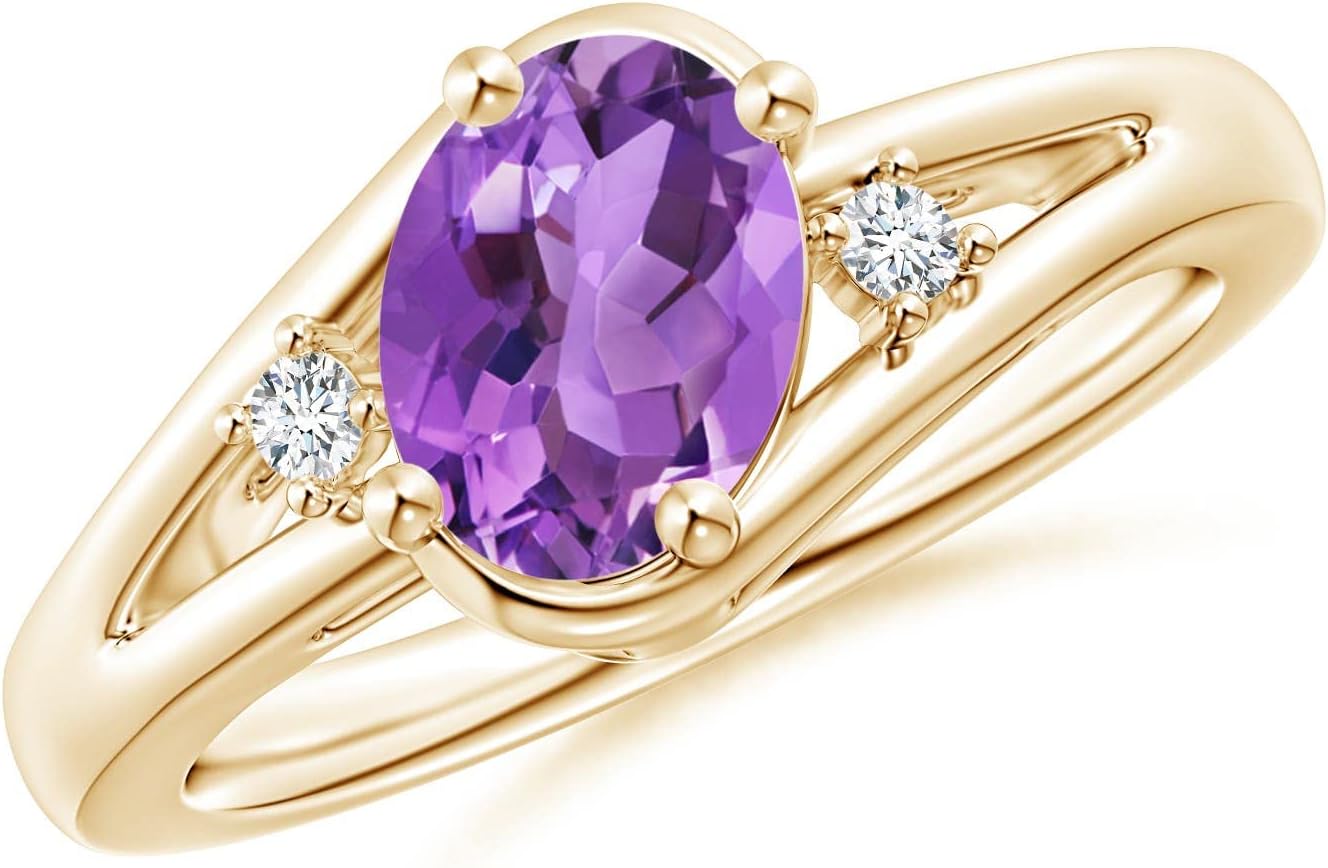 Angara Amethyst and Diamond Split Shank Ring in 14K Solid Gold/Platinum | Natural Prong-Set Amethyst Ring for Women | February Birthday, Anniversary, Gemstone Jewelry Gift