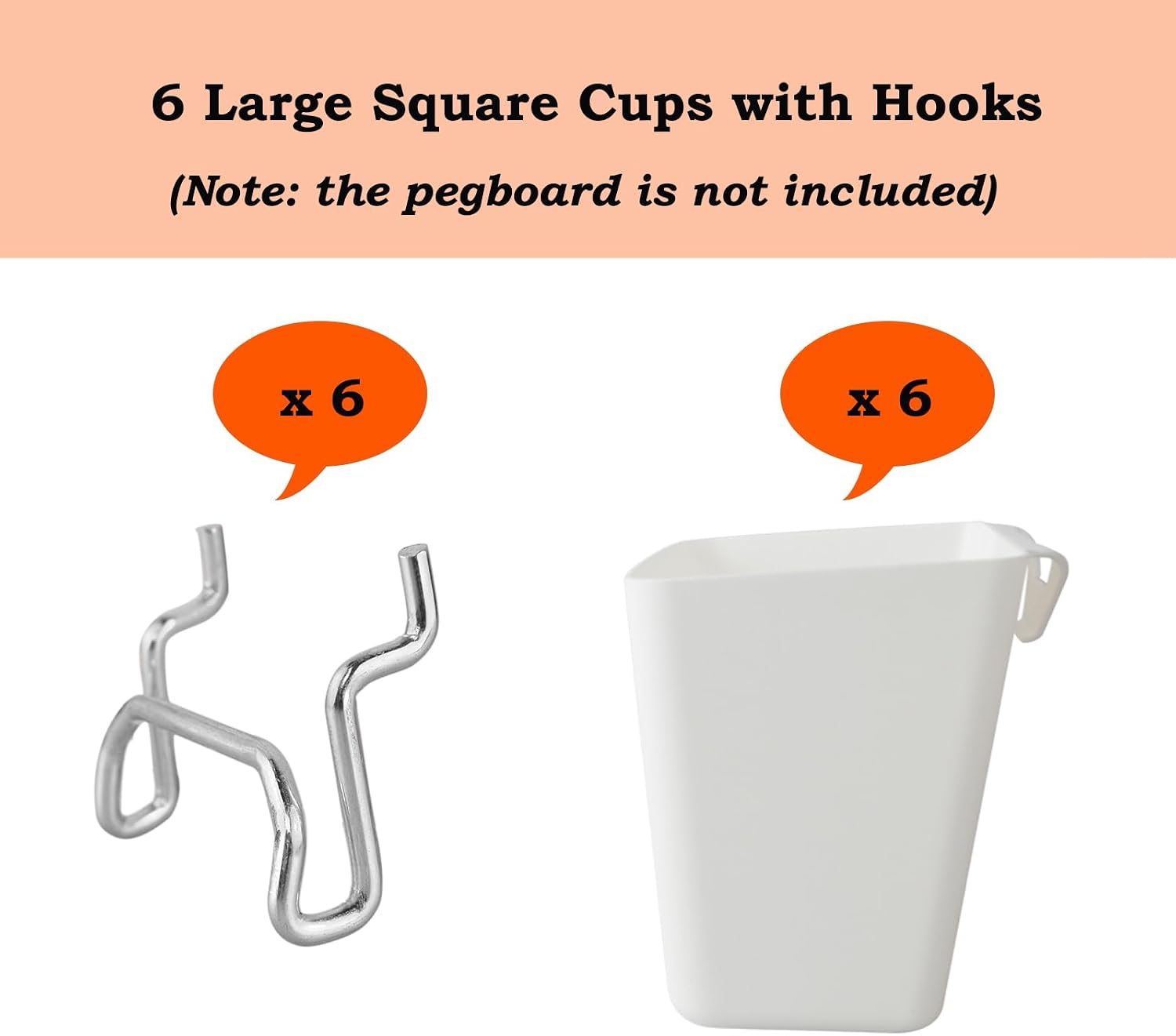 Pegboard Cups with Hooks 6 Pack - Peg Board Organizer Storage Bins (White) | Pegboard Accessories Fits 1/8" 1/4" Pegs - Aesthetic Decoration for Garage Craft Room Playroom Office Workbench Organization