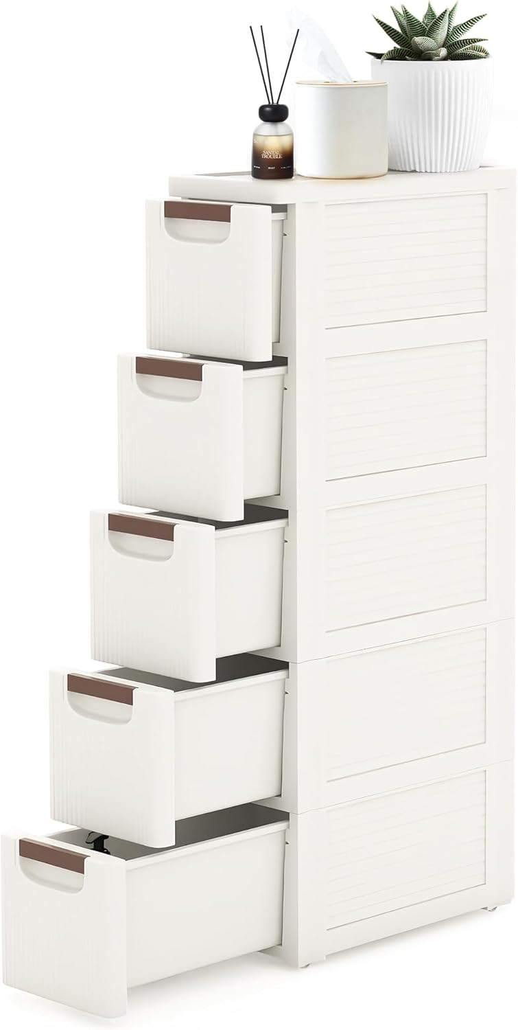 5 Drawers Narrow Storage Cabinet, Slim Bathroom Storage Cabinet, Plastic Rolling Cart Organizer for Small Spaces, Laundry, Office, Home, White 5-Drawer