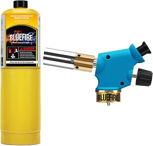 BLUEFIRE Práctico kit de antorcha ciclónica con cilindro MAPP, botón pulsador de gatillo de arranque de boquilla de combustible por propano MAPP MAP