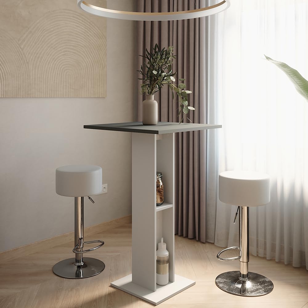 Vicco Bartisch-Set Repose, Weiß/Anthrazit, 65 x 65 cm mit 2 Barhockern, mit seitlichem Regal zur Aufbewahrung von Flaschen und Gläsern