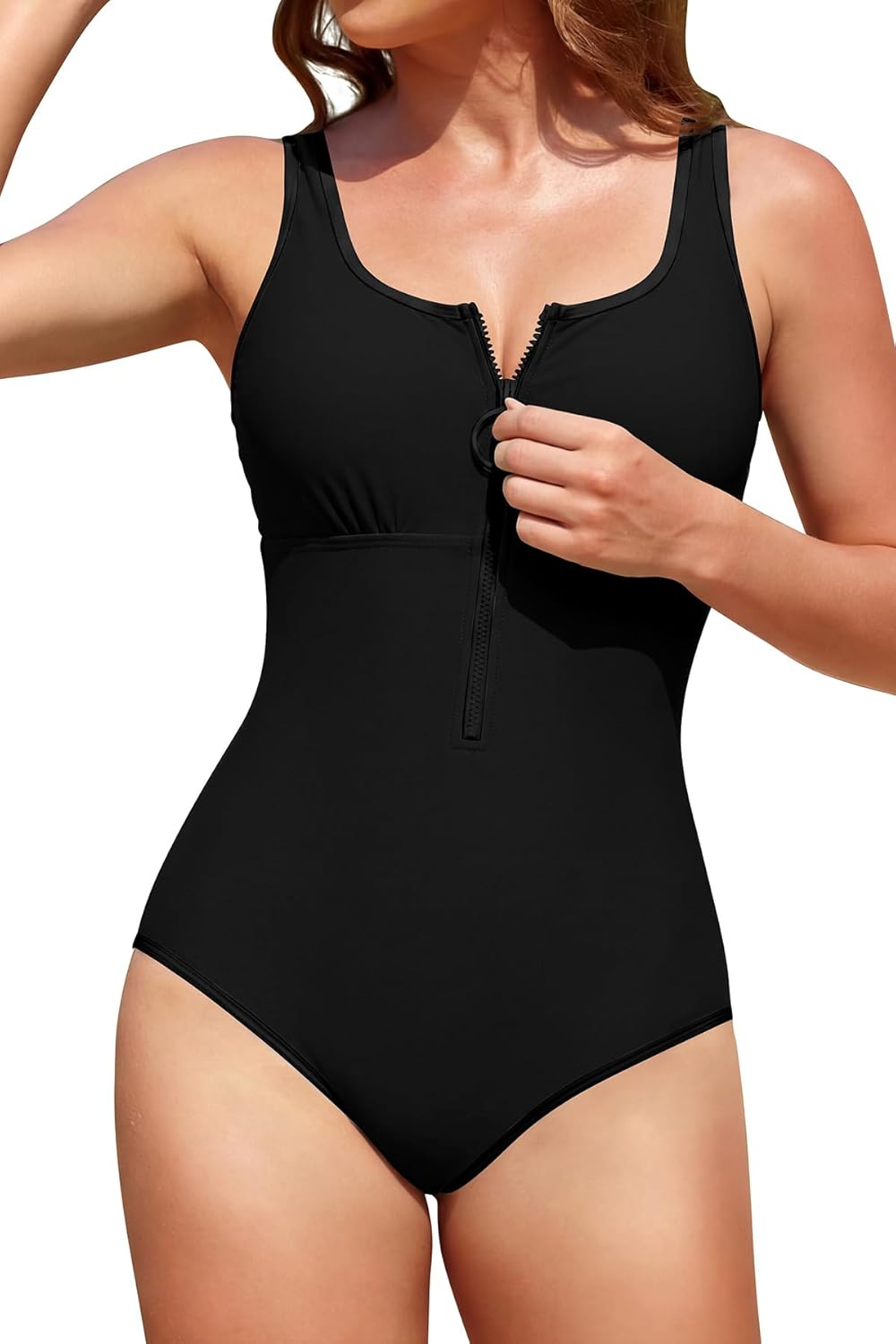 SHEKINI Women's Slimming Square Round Neck One Piece Swimsuits Zipper Front Bathing Suit Padded Monokini