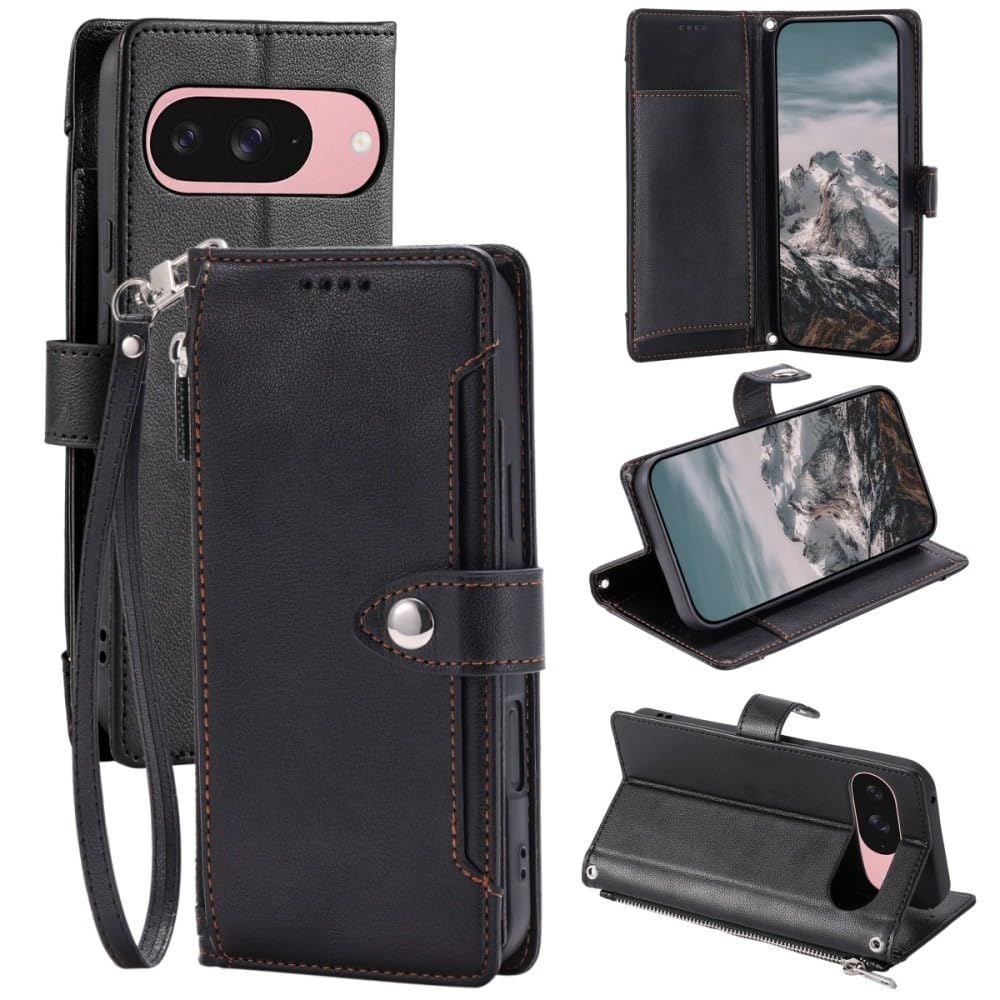 Étui pour Google Pixel 6 Pro noir étui à rabat cuir anti-rayure zippé - 8
