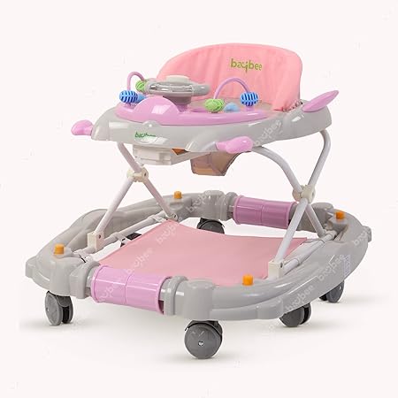 Baybee 2 in 1 Baby Walker with Rocker, Kids Walker with 3 Adjustable Height, Rocking, Foot Mat & Musical Toy Bar | Kids Activity Walker for Baby | Walker Baby 6-18 Months Boy Girl (Light Pink)