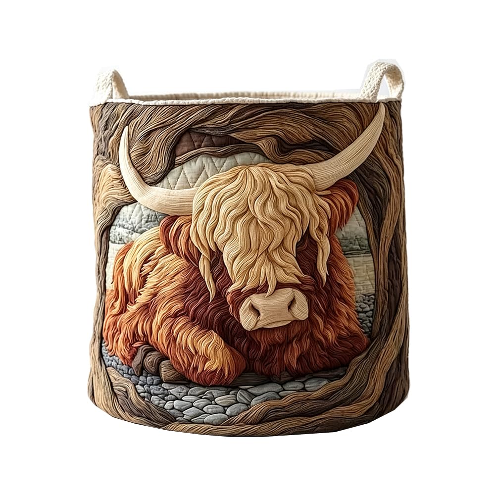 Vintage Highland Cow Quilted Laundry Basket Storage Hamper with Handles (KT34818A03,S)