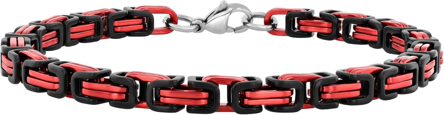 Men's Stainless Steel Link Bracelet Byzantine with Black and Red Finish -Jewelry Accessory