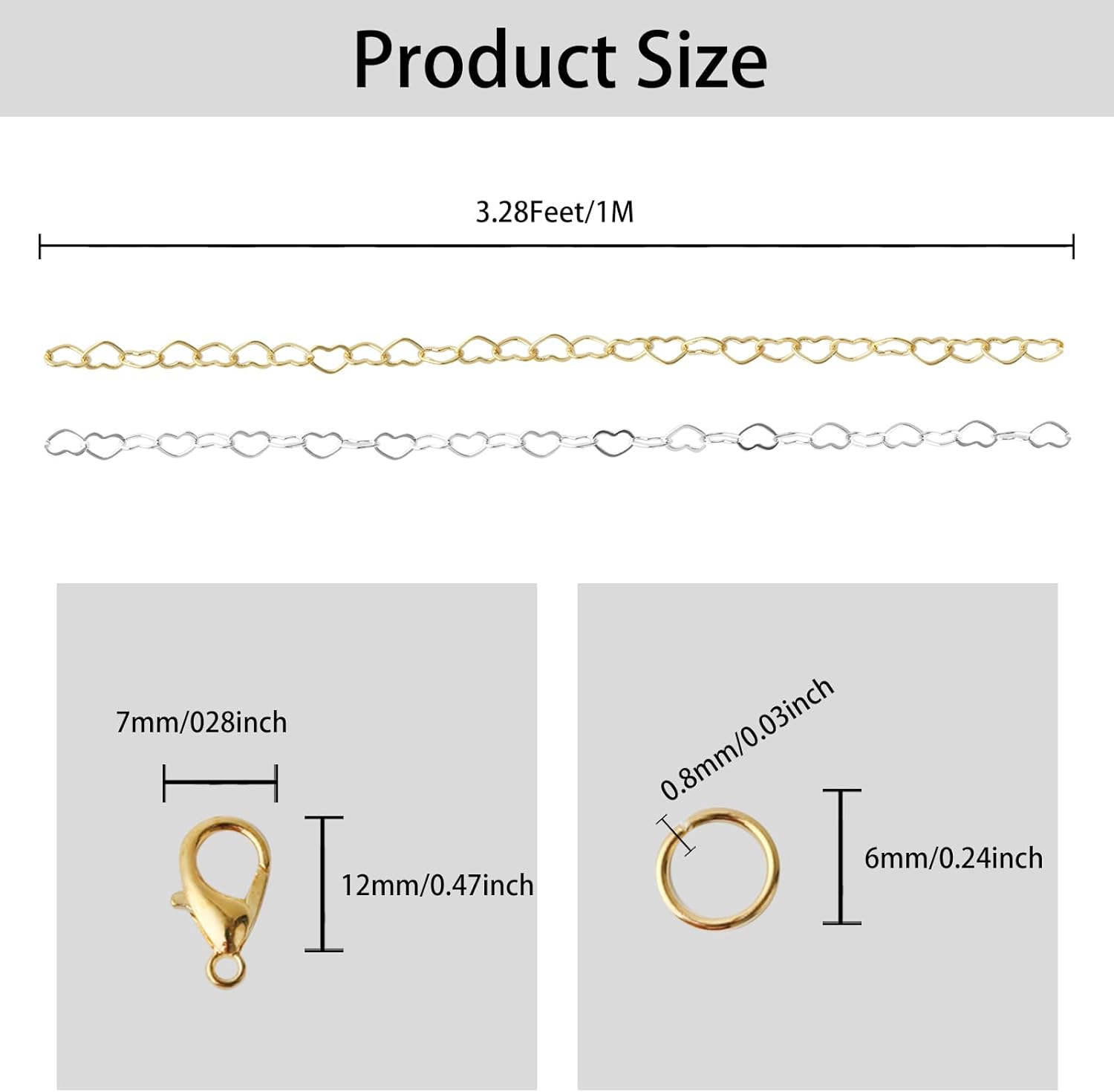 6.56Feet/2M Heart Necklace Chains, Solid Copper Chain Link with Jump Rings and Lobster Clasps, for Jewelry Making Craft Supplies Findings, Gold and Silver - Image 2