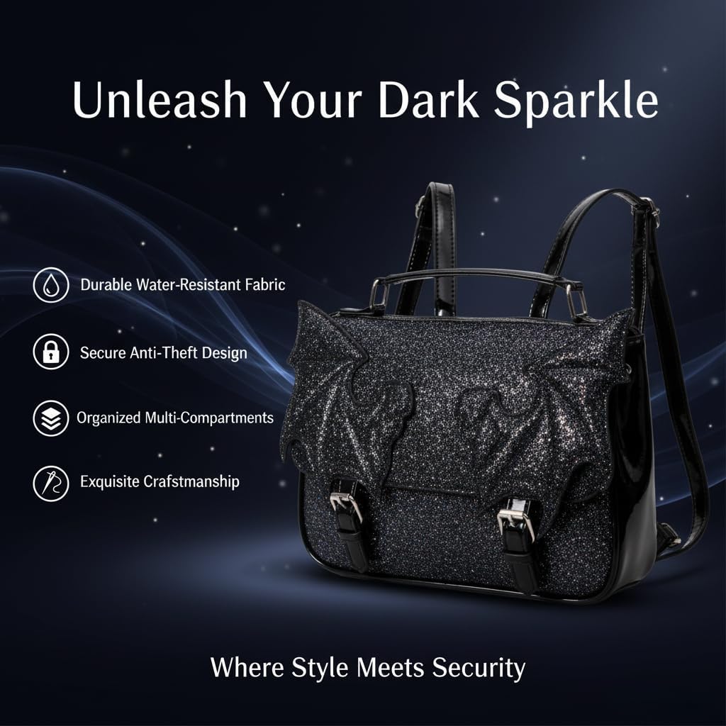 Gothic Bat Wing Backpack Purse, Black Faux Leather, Convertible Shoulder Bag with Metal Hardware (fine sparkle)