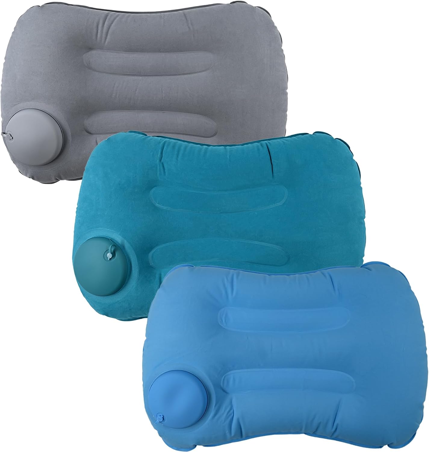 3 Pack Inflatable Camping Pillow - Ultralight Travel Air Pillows for Neck Lumbar Support, Press-to-Inflate Design, Blow Up Pillow for Camping, Hiking, Backpacking (Grey, Malachite Green, Light Blue)