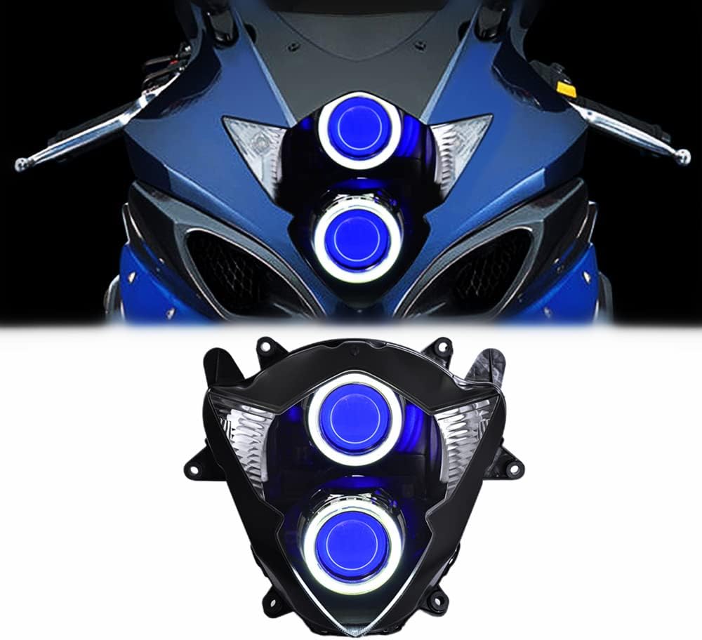 KT Headlight Assembly for Suzuki GSXR1000 GSX-R1000 2005-2006 Blue Demon Eyes DRL Custom Modified Motorcycle Sportbike Front Head Lamp High/Low Beam Angel Eyes Daytime Running Light