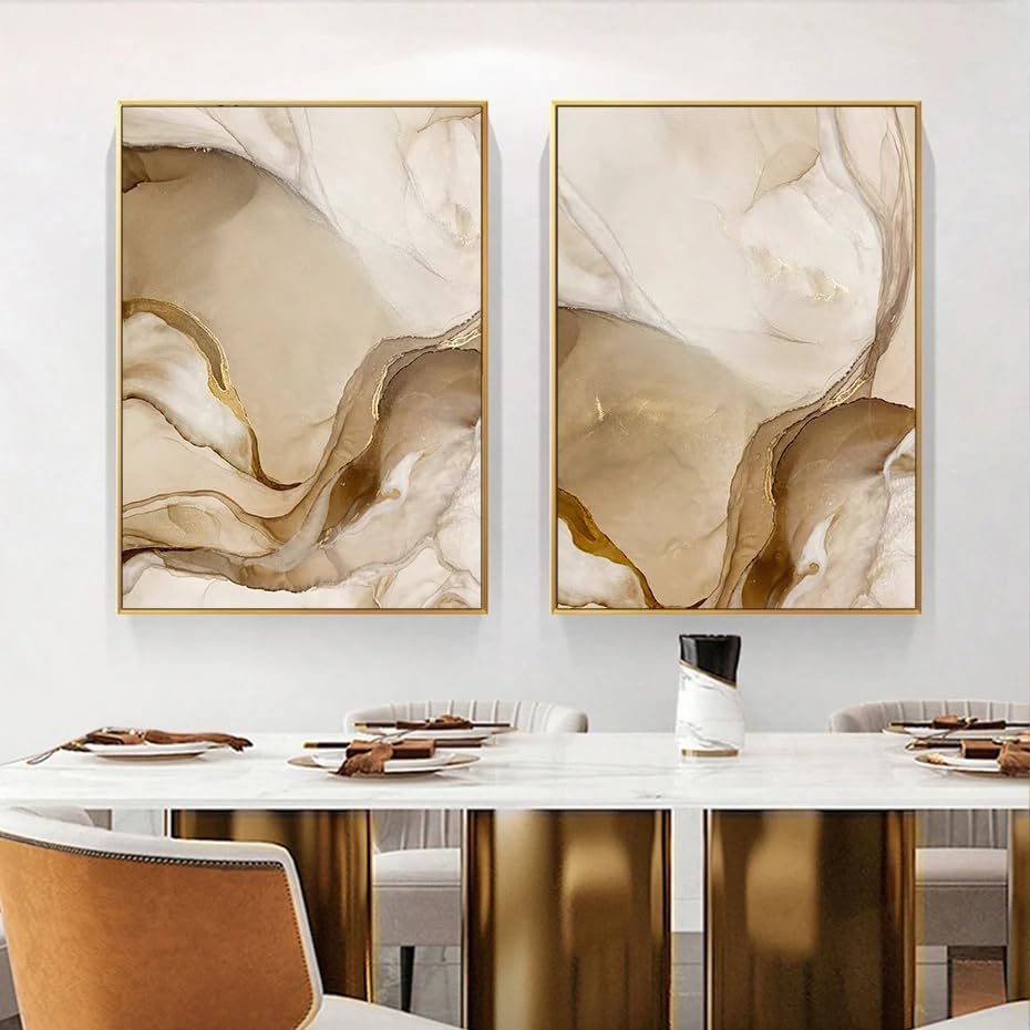 Art mural moderne marbre beige et doré, impression sur toile de qualité galerie