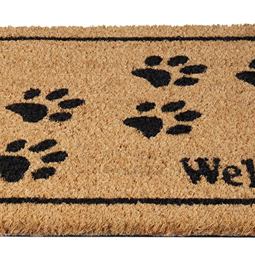 Relaxdays Fußmatte Welcome mit Pfoten, Kokos, 60 x 40 cm, Fußabtreter innen & außen, rutschfeste Türmatte, Natur/schwarz