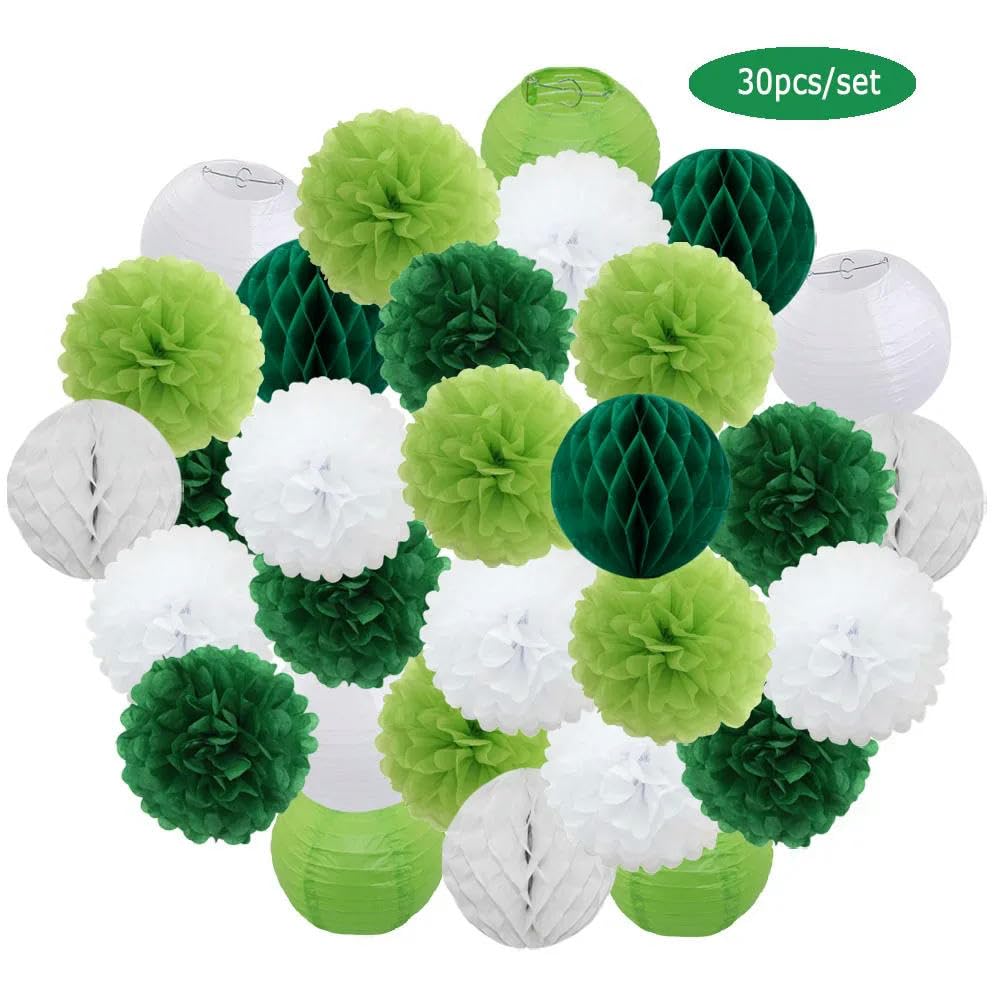 Juego de 30 farolillos de Papel Azul y Blanco para decoración de Festivales y Fiestas, de 6, 8, 10 y 12 Pulgadas, para Bautizo de bebé, Fiesta de cumpleaños, Pompones Colgantes