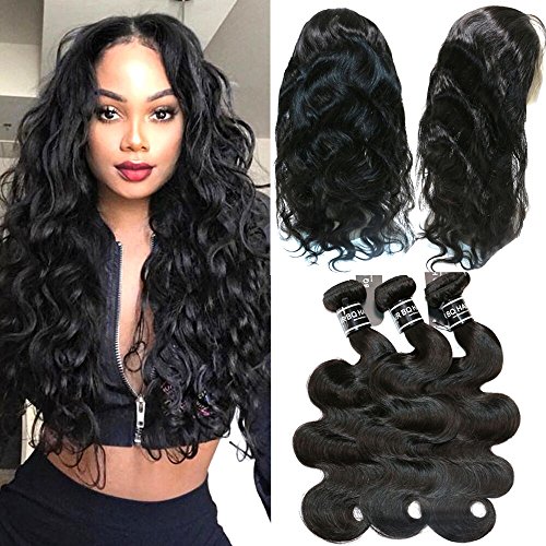 BQ 360 Lace Frontal with Bundles- Unprocessed 8A Body Wave Brazilian Virgin Human Hair 3 Bundles with 360 Lace Frontal Closure Pre Plucked Natural Hairline (12"14"16"+10")