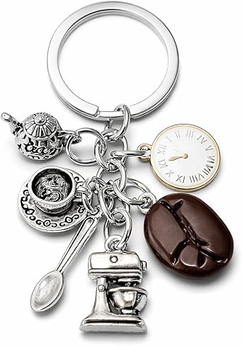 Coffee Keyring – Drink Keychain Bag Charms for Women with Coffee Beans, Pot, Cup and Spoon, Cute Key Rings Gifts for Barista, Friends and Coffee Lovers