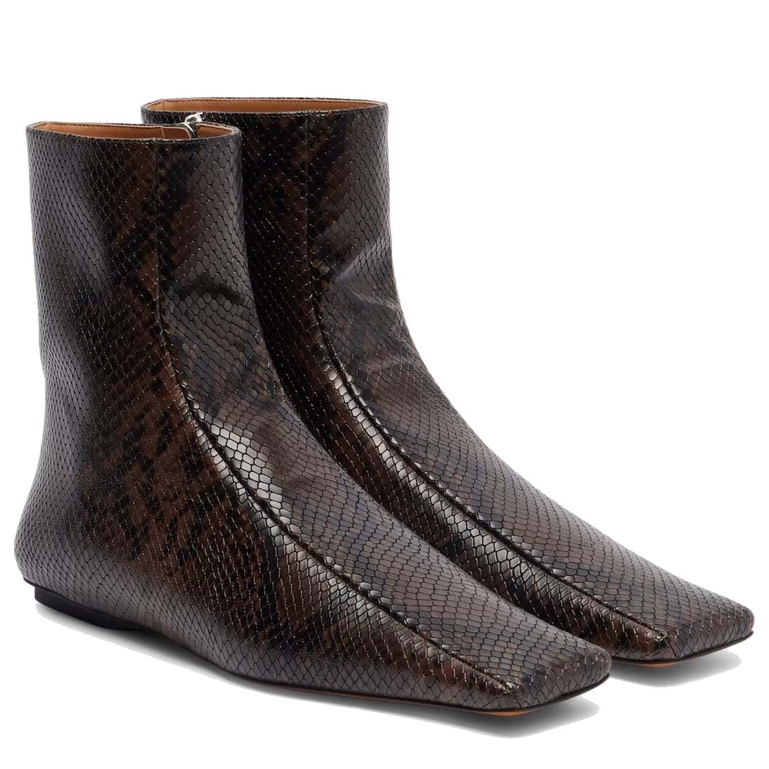 Snake-Effect Ankle Boots For Women Chic Square Toe Short Boots With Side Zipper Stylish Flat Booties For Work