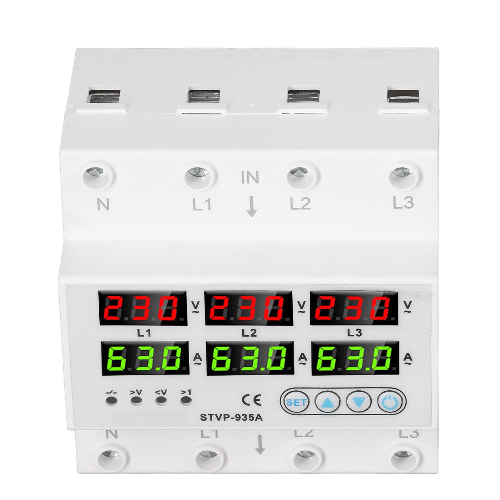 JAWL Dispositivo de Protección de Energía de Pantalla Digital Trifásica AC220V 380V Fácil de Instalar bajo Protector contra Sobretensiones Ajustable para el Hogar (63A)