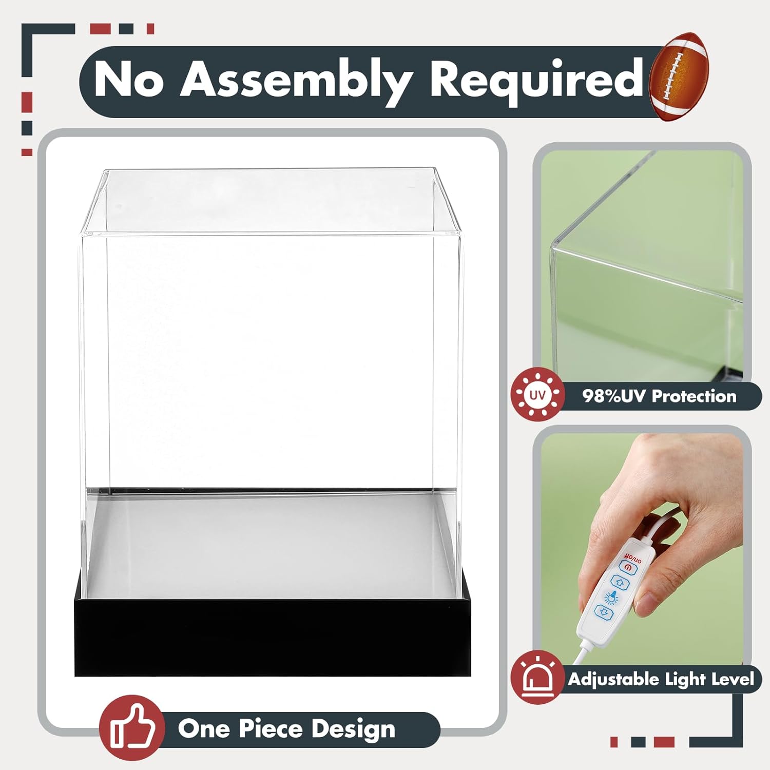Chunful Acrylic Mini Helmet Display Case with LED Light 7.5 Inch Clear Adjustable Brightness 1/2 Football Baseball Helmet Showcase One-Piece Without Assembly UV Protection Gift for Sports Enthusiast
