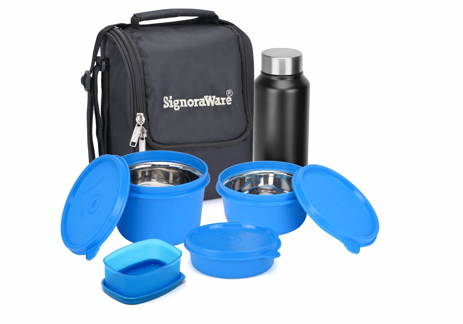 SIGNORA WAREMonarch Premium Microwave Safe Lunch Box (3 Stainless Steel Containers + Pickle Box + Steel Bottle + Insulated Bag, 500Ml+350Ml+200Ml+100Ml +700Ml Bottle,Set of 5,Blue Office Series)