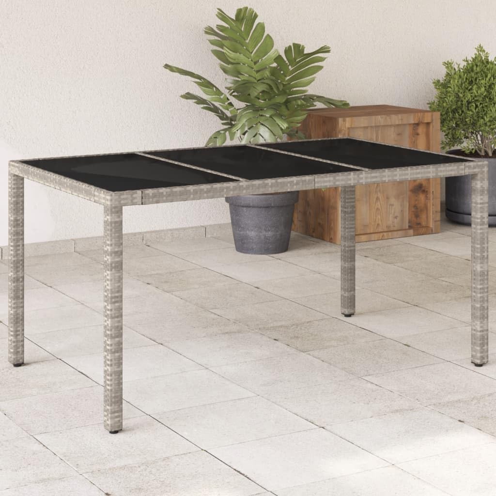 Mesa de jardín de ratán PE Gris con Superficie de Vidrio Templado 150x90x75 cm, Mueble para Exterior Resistente a la Intemperie, Ideal para terraza, Patio o balcón