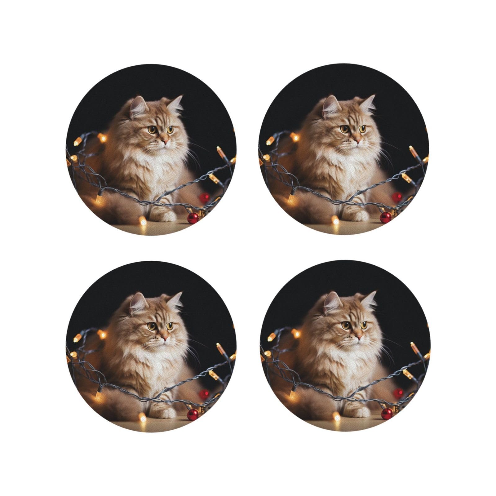 4pcs Drink Coasters for Tabletop Protection, 4" Leather Coasters for Drinks, A Cat and Christmas Lights Cup Coasters for Coffee Table Decor, Non-Slip Drinking Cup Mat for Hot Or Cold Drink