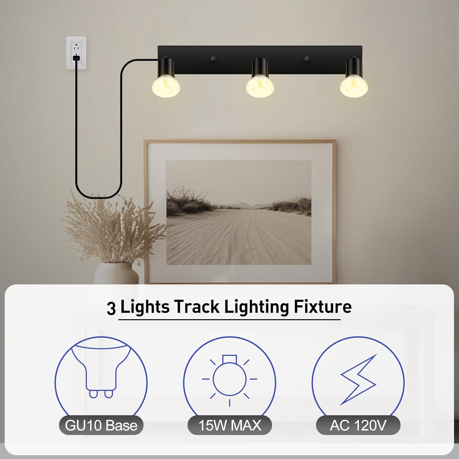 Plug in Track Lighting, 16" LED Track Light Fixtures Ceiling, Black 3 Way GU10 Wall Spotlight, Rotatable Track Head, Plug in Ceiling Light Kitchen Hallway Living Room,15 Foot Power Cord(NO Bulb)