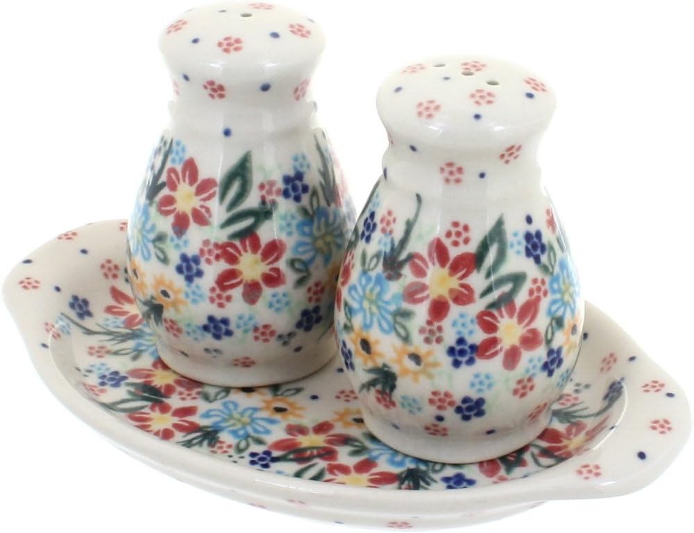 Blue Rose Polish Pottery - Blue Daisy Surprise Salt & Pepper Shakers with Tray - 3" Tall - Hand-Painted Ceramic Seasoning Set for Table & Kitchen