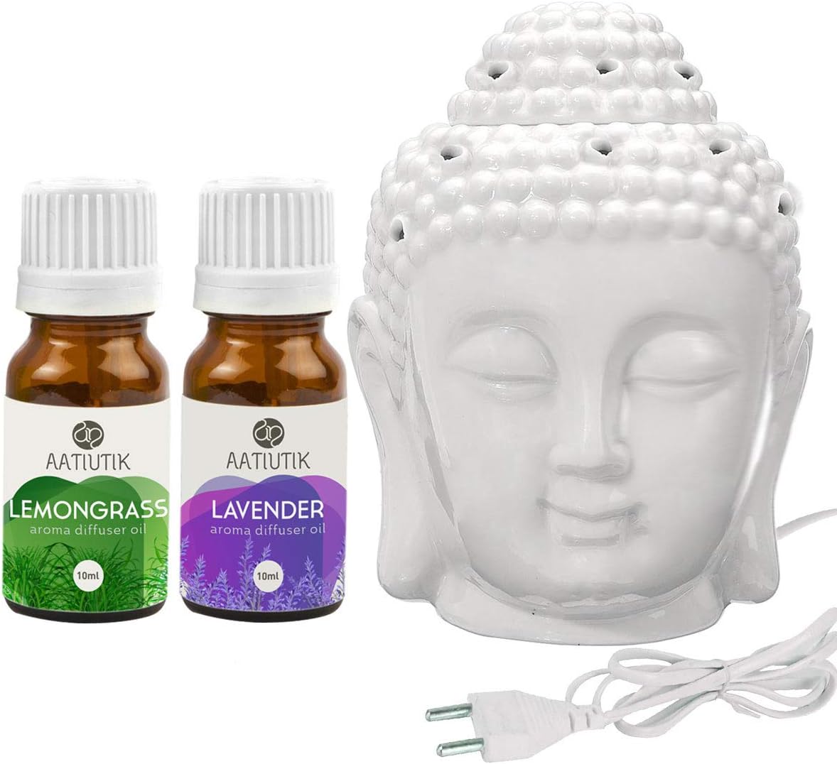 Aatiutik Ceramic Electric Buddha Aroma Diffuser Night Lamp Light with Lemongrass Lavender Aroma Oil 10ml Each for Home Office Hotel Spa