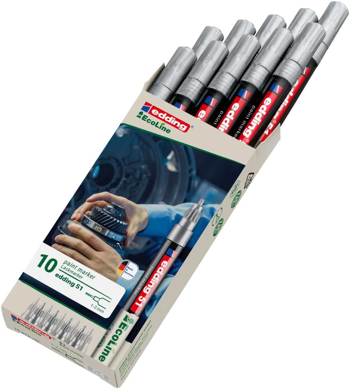 edding 51 EcoLine Lackmarker – silber – 10 Stück – Rundspitze 1-2 mm – wasserbasierte Tinte, stark deckend & wasserfest – Lackstift für Glas, Stein, Holz, Kunststoff und Papier