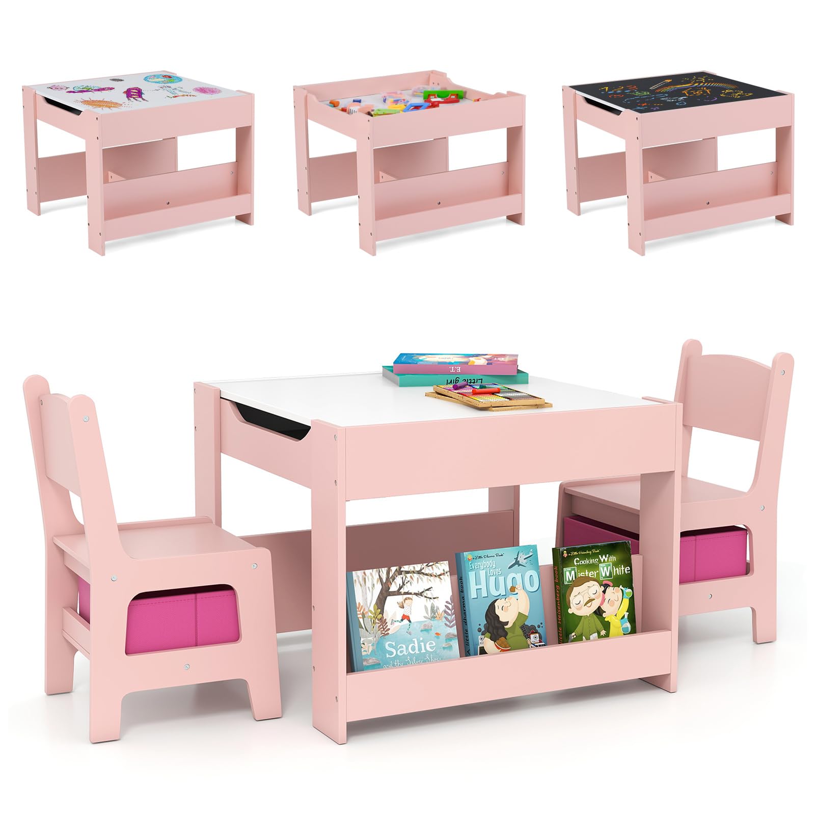GLACER Kids Table and Chairs, 3 in 1 Craft Table with Storage, Detachable Tabletop, Removable Blackboard for Children Drawing, Reading, Toddler Table and Chair Set for Playroom (White + Pink)