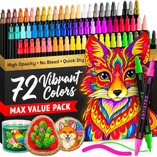 Image of Artistro Acrylic Pens Drawing Set for Stone, Wood, Fabric, Glass & Ceramic - Waterproof with Double Tip - Perfect for Crafts, Painting & Decorating - Art Supplies - 72 Colours