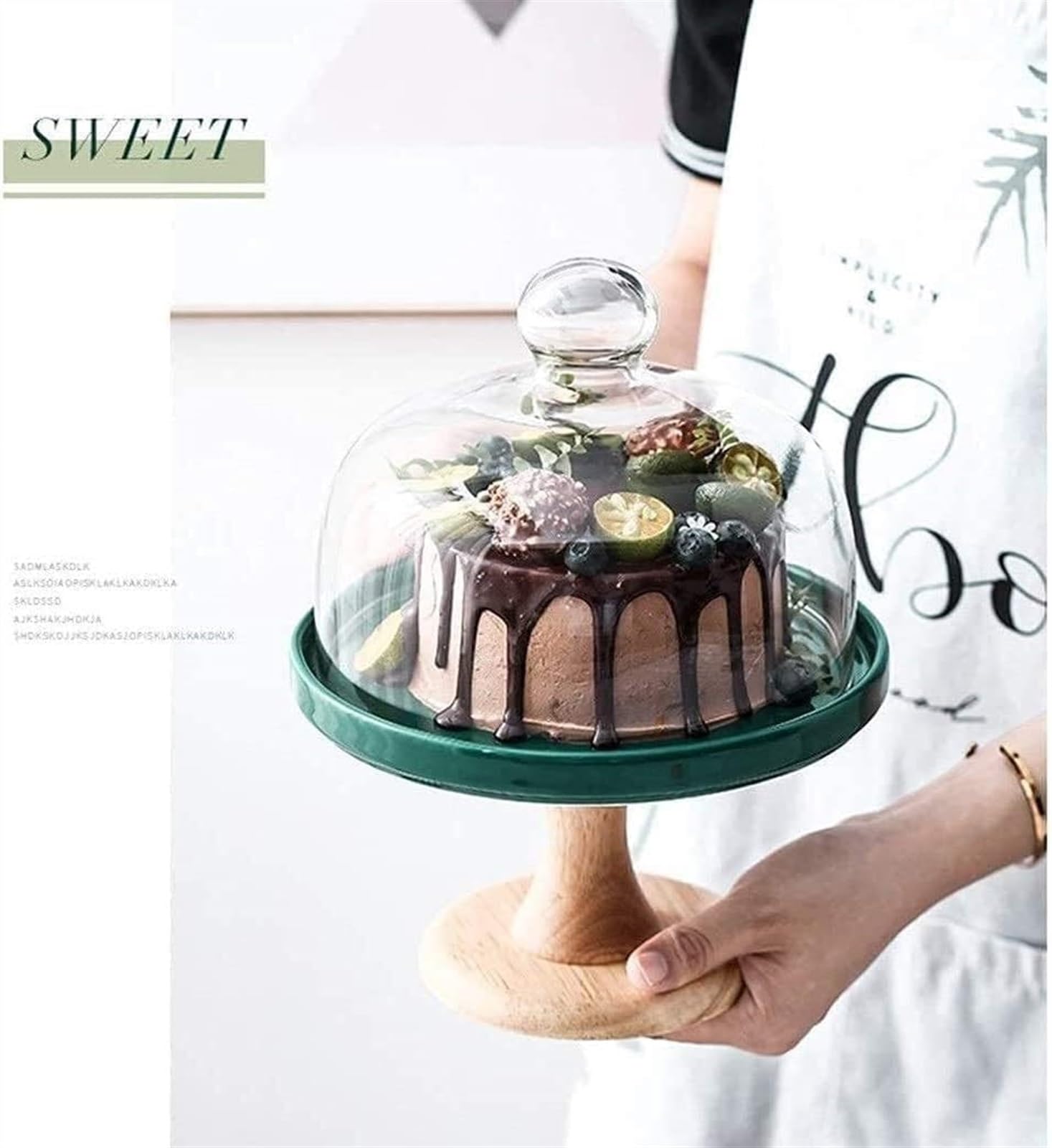 Soporte para Pasteles, Bandeja de cerámica para repostería con Base de Madera para Fiestas, Bandeja de Vidrio para postres, ensaladas, Sushi, Funda para donas, Almacenamiento