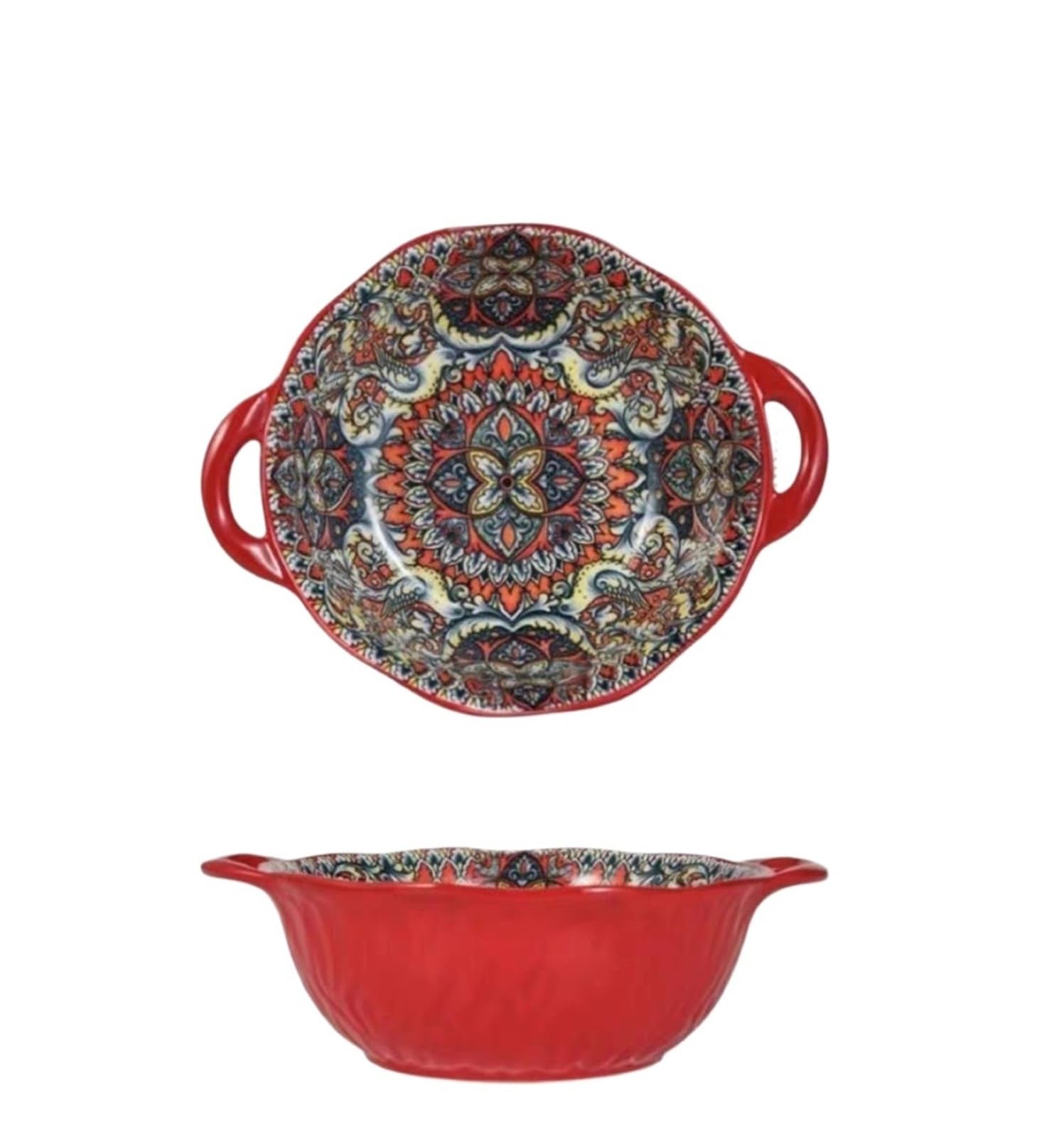 Tazón de sopa de cerámica bohemia con asa y diseño en relieve