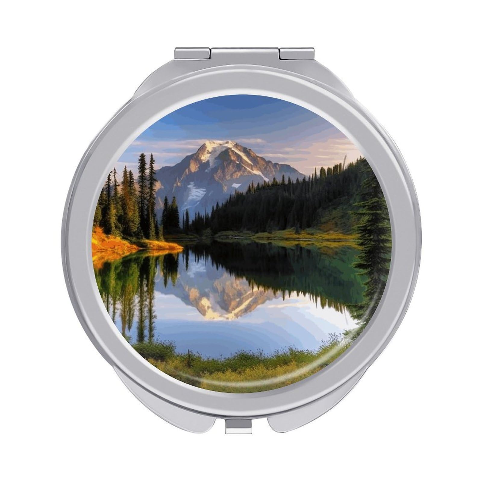 JTREHY Mountain and Lake Pictures Makeup Mirror Silver Mirror Surface Folding Makeups Mirrors Lightweight Durable Looking Glass for Suitable Traveling Handbag and Purses