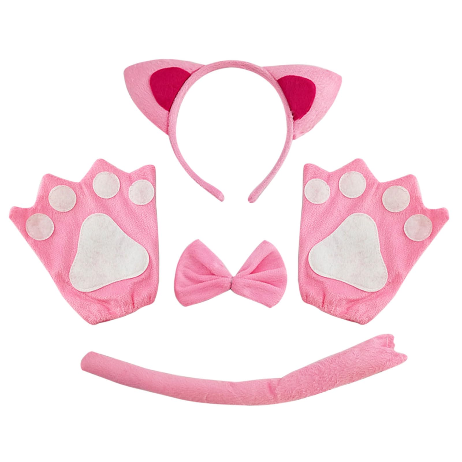 TSHAOUN 4 Piezas Conjunto de Cosplay de Gato, Disfraz de Gato Accesorios Guantes de Garra de Felpa Orejas de Gatito de Gato Collar Cola de gato para Niños Halloween Fiesta Cumpleaños