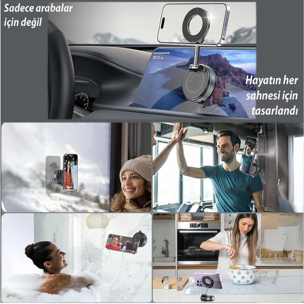 UnDePlus Manyetik M-Safe ile Uyumlu 360 Dönen Ayarlanabilir Araç İçi Telefon Tutucu Vakumlu Katlanabilir K007 Siyah