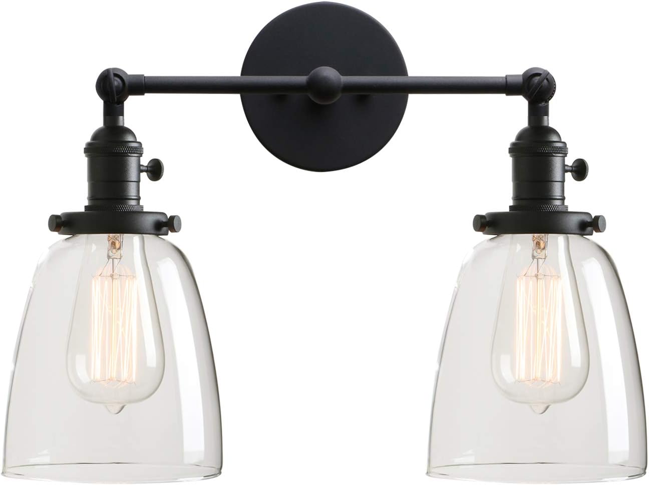 Permo Double Sconce Vintage Industrial Antique 2-Lights Wall Sconces with Oval Cone Clear Glass Shade (Black)