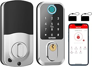 Smart Door Lock Keyless Entry - Nutomo Fingerprint Deadbolt Locks for Front Door - Keypad Electronic Digital Passcode Biometric - App Control Auto Lock Key Fobs Easy Install - Airbnb Home - Silver