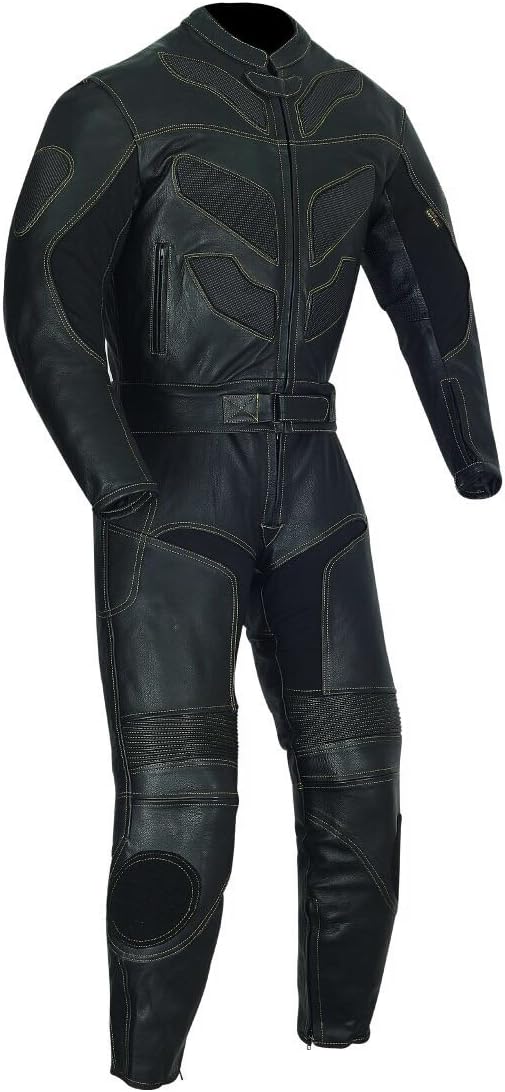 2pc Motorcycle Riding Racing Leather Black Track Suit with Padding and Armor (XXXL)